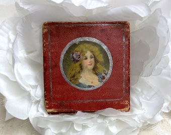 Tiny c 1800s Victorian Pocket Mirror w Pretty Lady Red Leather Small Purse Mirror Shabby Wear Old Compact