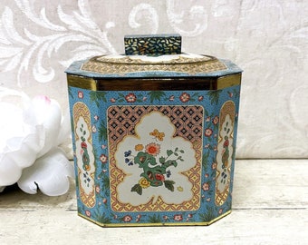 Beautiful Vintage Floral Tin in Blue & Pink English Floral Pattern Flowers Ornate Mid Century Antique Tin Box NICE EXAMPLE
