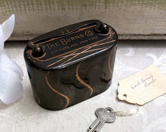 Small Vintage Art Deco Metal Bank WITH KEY Copper -y Swirls on Dark Metal The Burns Co New York c 1930s Antique Coin Note Savings Bank