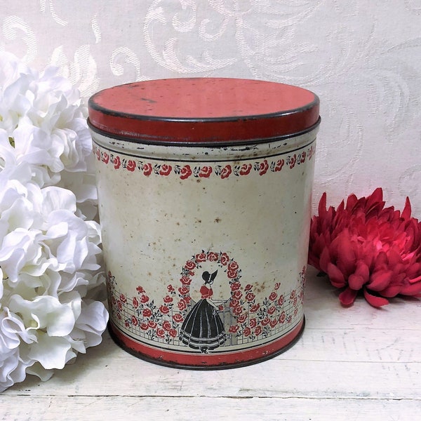 Pretty Antique Tin Kitchen Canister, Red White Black, Lady in Hoop Skirt, Red Flowers Floral Roses Garden Trellis Arch, Vintage Tin Box