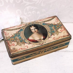 Large Vintage Italian Biscuit Tin Box, Pretty Lady 1800s Portrait, Cupids Cherubs, Ornate, Blue and Beige, Large Trinket  Keepsake Box