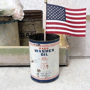 Rustic Patriotic Tin in Red White & Blue Paco Washer Oil Fourth of July Farmhouse Décor NO LID Shabby Small -ish