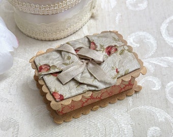 Pretty Little Antique Trinket Box Small Cardboard Box w Fabric & Ribbon Embellished Top Pink Red Colors Tiny Vintage Vanity Box