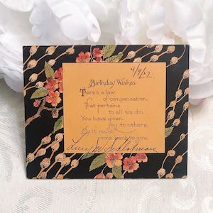 Beautiful Antique Birthday Card 1927 1920s Floral Greeting Card Black Peach Pink Vintage Art Deco Card
