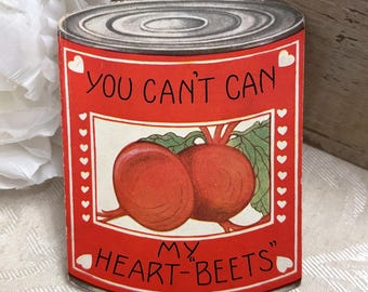 Fun Antique Valentine’s Day Card Can of Beets w Heart Borders Art Deco 1930s 1936 Vintage Valentine
