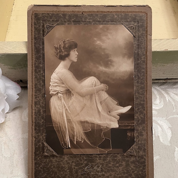 Antique c 1920s Flapper Bride ? Photograph, Seated in Profile in Flowy Dress, Vintage Wedding Photo, Black & White