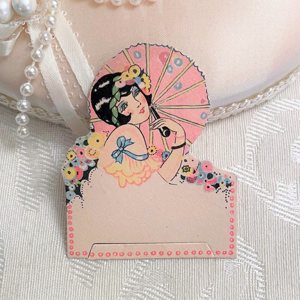 Beautiful Small Flapper Girl Antique Die Cut Place Card c 1920s Pretty Lady Pink Parasol Vintage Party Table Décor Tiny Placecard UNUSED