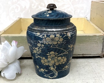 Rare Vintage Biscuit Tin in Blue & White Antique Floral Tin Ginger Jar Look Asian Cherry Blossoms ? Flowers Farmhouse Cottage Décor