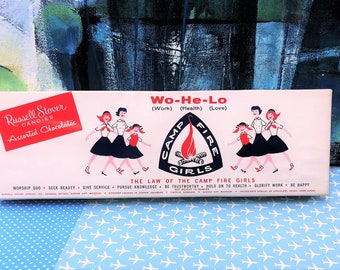 Mid Century Camp Fire Girls Candy Box, Russell Stover Cardboard Chocolates Box, Red White Blue, Little Girls Retro Patriotic Décor, Scouting