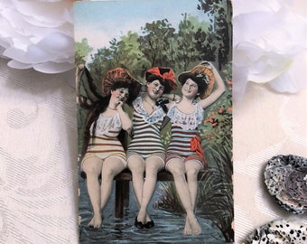 Bathing Beauties Antique Postcard c 1910 Edwardian Striped Old Fashioned Swim Suits Very Long Hair Vintage Post Card