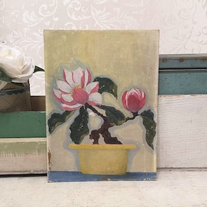 Sweet SHABBY Vintage Floral Painting Stylized Pink Flowers in Yellow Pot SCRATCH Mid Century ? Amateur Art on Board 12 x 9
