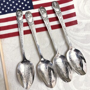 4 Vintage Patriotic Presidential Silverplate Spoons George Washington Thomas Jefferson John F Kennedy John Adams US Presidents