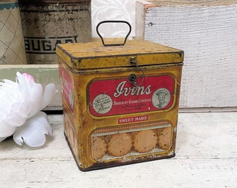 RUSTIC Antique Biscuit Tin Farmhouse Patina Shabby Ivins Cookies c 1910 Vintage Tin Box Primitive Decor