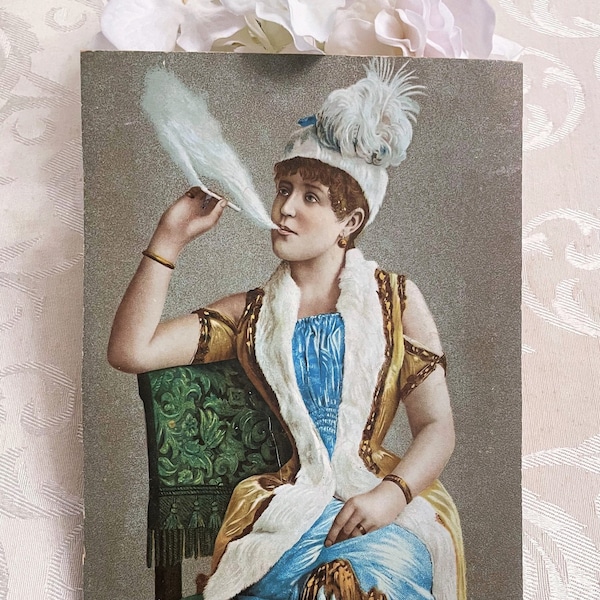 Scandalous Victorian Smoking Lady 8” Card, Antique Advertising ? Pretty Woman Glamour Girl w Cigarette, Vintage Late 1800s