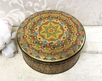 Beautiful Vintage Tin w Ornate Pastel Embossed Details Stars Radiating Art Deco Style c 1950