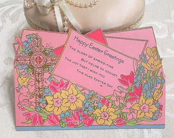 Antique Art Deco Easter Card Pink w Flowers & Cross c 1920s 1930s Vintage Floral Card Easter Décor Decoration