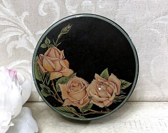 Beautiful Small Art Deco Antique Tin Box w Pink Roses on Black Background Vintage Candy Nut Tin