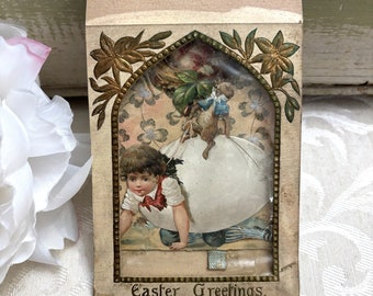 Very Unusual Antique Easter Postcard Folds into Shadowbox Little Boy in Large Egg Ridden by Dog SHABBY Early 1900s Vintage Post Card
