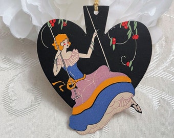 Antique Bridge Tally Card w Redhead Flapper Girl on Swing w Spade Shape Art Deco Die Cut Vintage Game Card