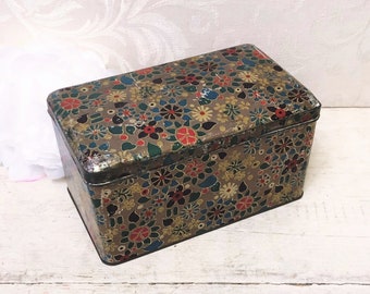 Antique Floral Montage Tin Box in Interesting Gray Beige Greige Color Teal Blue Flowers c 1920s Vintage Keepsake Box