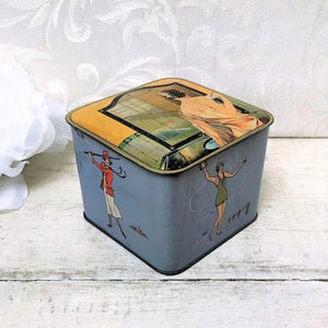 Antique 1920s Flapper Tin w Sports Scenes Bathing Beauty Golf Skiing Antique Car Vintage Powder Tin Box NICE CONDITION