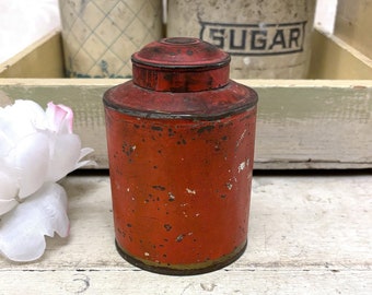 Small Rustic Antique Orange Tin Late 1800s or Early 1900s Farmhouse Décor Primitive Metal Canister