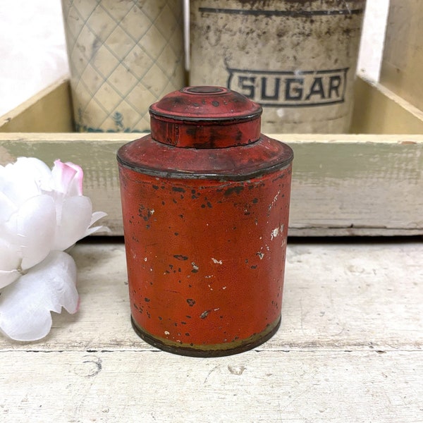 Small Rustic Antique Orange Tin Late 1800s or Early 1900s Farmhouse Décor Primitive Metal Canister