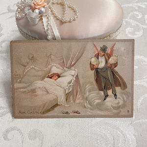 Prosperity Fairy Antique Postcard Man in Top Hat w Cash Bags Pretty Lady Sleeping Dreaming 1909 Tuck Vintage Post Card