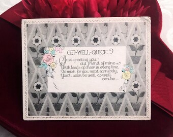 Unusual Art Deco Antique Get Well Card in Black & White Tones Stylized Artwork Floral Greeting Card c 1920s 1930s Vintage Card