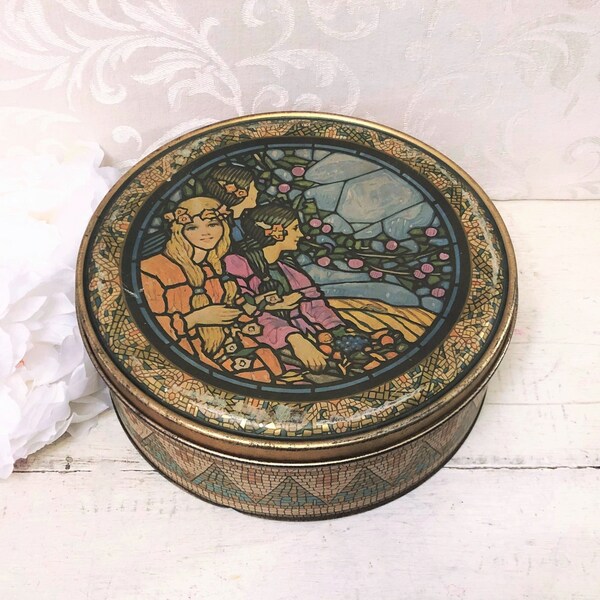 Large Beautiful Antique Tin Box Young Women Flowers in Hair Gold Mosaics & Stained Glass Motifs Boho Vintage Tin Box Craft Room Storage