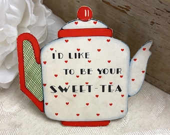 Fun Antique Valentine’s Day Card White Teapot w Little Red Hearts Art Deco 1930s 1937 Vintage Valentine