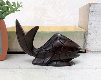 Small Vintage Carved Wood Fish c 1960s 1970s Mid Century Boho Décor Tiki Bar Knick Knack Figurine Nautical Fishing Ocean