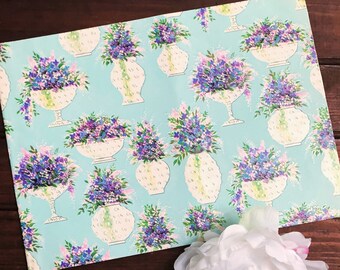 Pretty Vintage Floral Wrapping Paper Purple Flowers in White Vases on Blue c 1950s ? Antique Gift Wrap