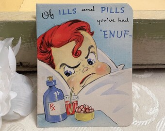 Fun Vintage Get Well Card Fed Up Man or Boy Kicks the Doctor Out c 1940s Vintage Card