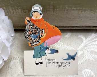 Vintage Easter Card w Little Flapper Girl & Bird Cage w Birds Escaping c 1920s Vintage Die Cut Card Volland