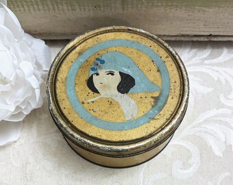 Shabby Vintage Flapper Girl Tin Box Hand Painted Look to Lady Gold Art Deco Vintage Vanity Powder Tin Antique c 1920s