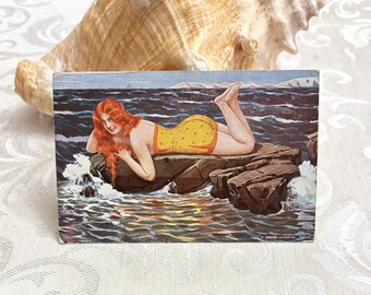 1907 Bathing Beauty Antique Postcard Redhead Reclining on Ocean Rock Risque Old Fashioned Swim Suit Vintage Post Card Pretty Lady