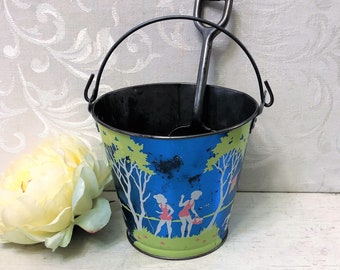 Vintage Sand Pail w Silhouette Artwork Children Swimming at Night Time Pink Bathing Suits Antique Blue Metal Bucket Ohio Art w Shovel