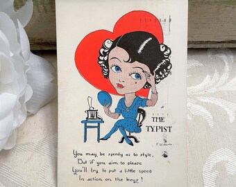 Fun Antique Flapper Valentine’s Day Postcard Pretty Lady Typist Office Worker 1930s 1936 Vintage Post Card Postmark SHOWS ON FRONT