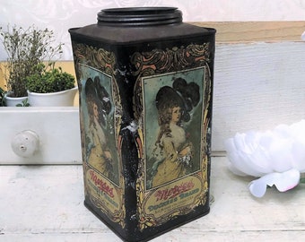 Shabby Duchess of Devonshire Georgiana Cavendish Antique Tin Chateau Farmhouse Vintage Candy Tin Box c 1910s