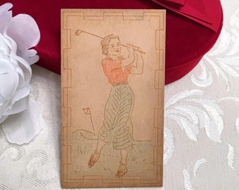 Unusual c 1920s Lady Golfer Antique Postcard Very Thick Cardstock Hand Painted by Amateur Odd Size Vintage Post Card