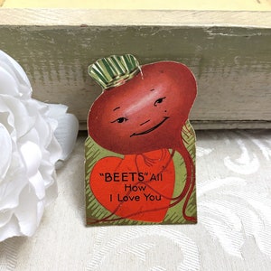 Small Anthropomorphic Beet Die Cut Antique Valentines Day Card Tiny Vegetable Valentine Vintage c 1930s image 1