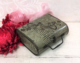 Antique c 1903 Handbag Purse Style Biscuit Tin Box Faux Gray Metal Snakeskin Vintage Fake Hand Bag Purse Fashionista Gift