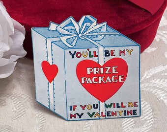 Fun Antique Die Cut Valentine’s Day Card Prize Package Wrapped Present or Gift Colorful Graphics Vintage Valentine