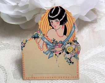 Small Flapper Girl Antique Die Cut Place Card c 1920s Pretty Lady w Straw Hat Vintage Party Table Décor Tiny Placecard UNUSED