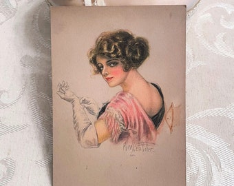 Beautiful Edwardian Glamour Girl Antique Art Card Pink Evening Gown w White Gloves Alice Luella Fidler Artist Vintage Early 1900s