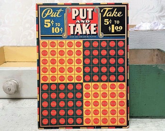 Vintage Game Board Put and Take Cardboard Retro Graphics Game Room Décor Red Yellow Green c 1940s Antique Gaming UNUSED