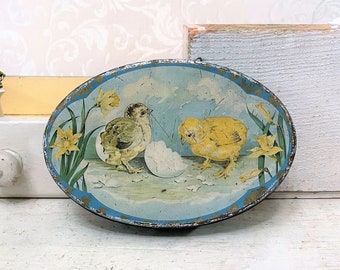 Shabby Farmhouse Easter Tin Antique Tindeco c 1920s Oval Tin Box Easter Decoration Decor Chicks Hatching Egg Vintage Candy Tin