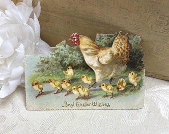 Antique Victorian Easter Card w Mother Hen & Her Little Yellow Chicks c Late 1800s Vintage Die Cut Card