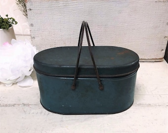 Rustic Antique Farmhouse Tin Lunch Box Style Oval Teal Blue Metal Lunchbox Primitive Kitchen Décor Vintage Retro Tin Box